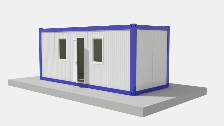 A compact modular office with a blue structural frame and practical entrance layout. Supplied design visualization.